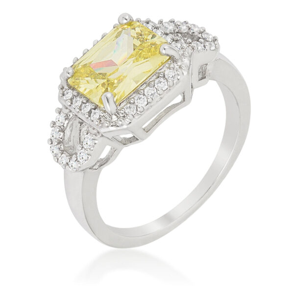 Blue radiant-cut cubic zirconia halo ring in prongs with 3.41 ct total stone weight.