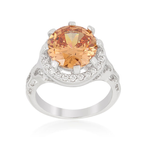 The ring with round cubic zirconia in prongs, 4.7 ct total stone weight, rhodium plated over lead free alloy (brass).