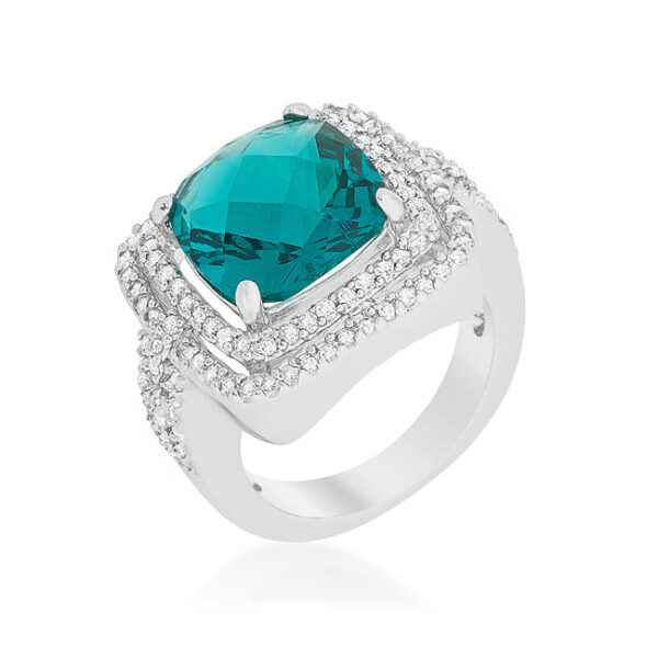 Aqua cocktail ring with multi-faceted cubic zirconia in prong settings and 7.66 ct total stone weight.