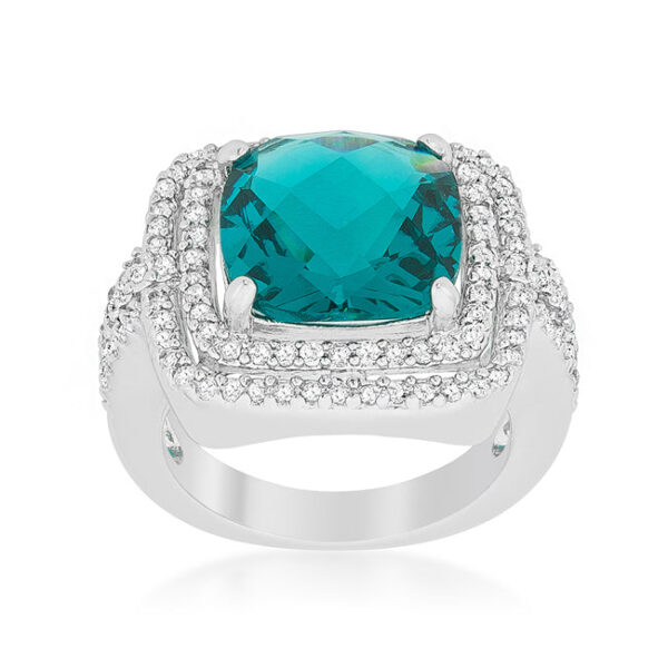 Multi-faceted aqua cubic zirconia cocktail ring in prong settings with a 12 Mm stone size.