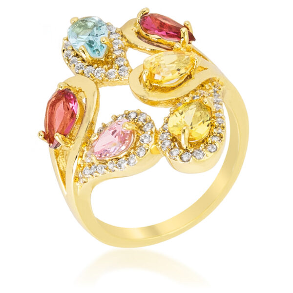 Contemporary multi-color ring with pear-cut cubic zirconia and a 2 Mm band.