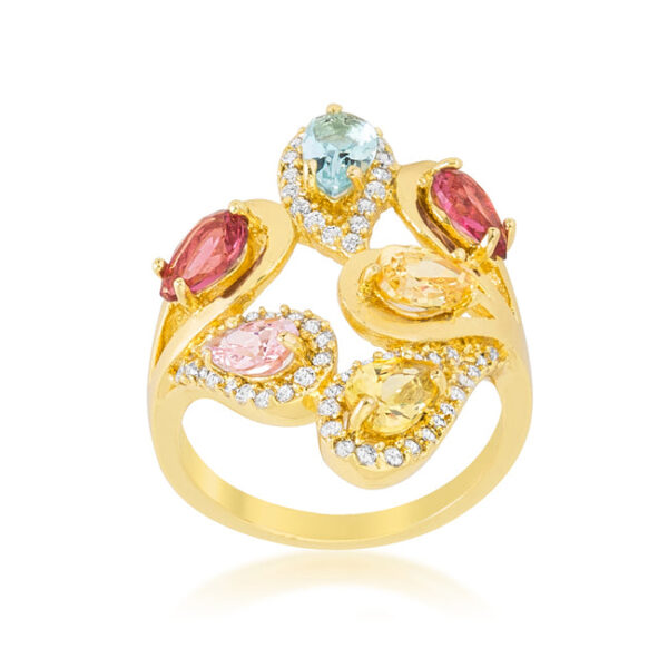 Multi-color ring with pear-cut cubic zirconia in prong settings and 3.16 ct total stone weight.