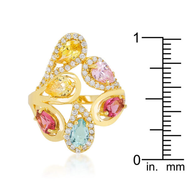 Pear-cut cubic zirconia ring in a multi-color cocktail design with prong settings.