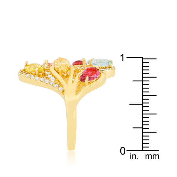 Multi-color ring with cubic zirconia in prong settings; one accent stone measures 6 Mm X 4 Mm.