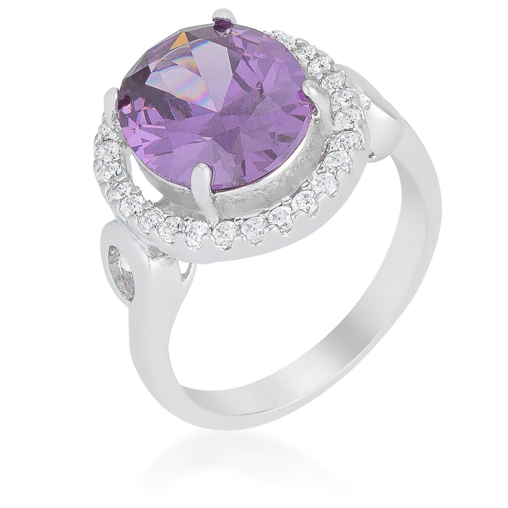 Amethyst-colored cubic zirconia halo cocktail ring with oval stones in pave settings, rhodium plated over lead free alloy (brass).