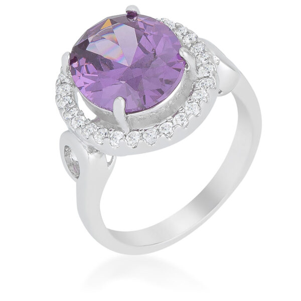 Amethyst-colored cubic zirconia halo cocktail ring with oval stones in pave settings, rhodium plated over lead free alloy (brass).