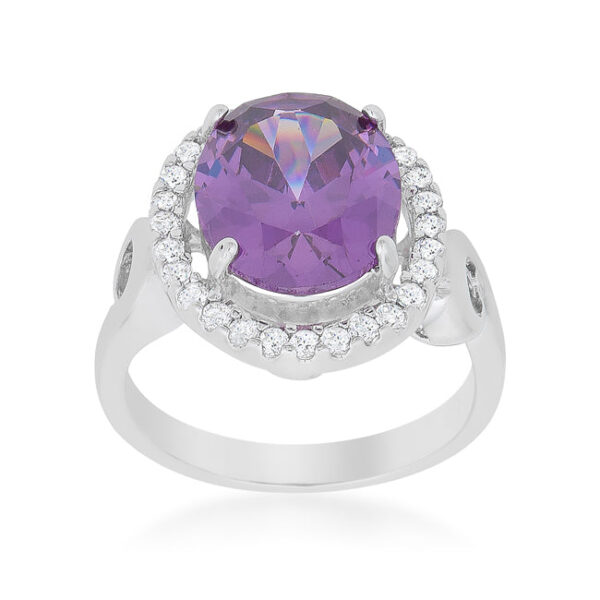 Oval amethyst-colored cubic zirconia in pave settings on a halo cocktail ring, rhodium plated over lead free alloy (brass).