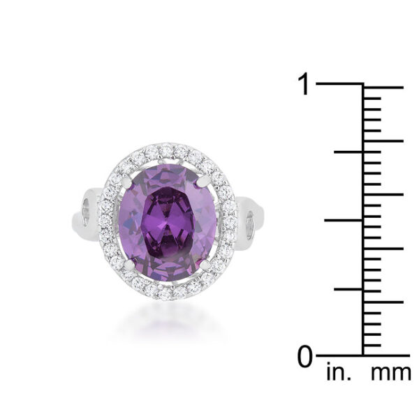 Halo cocktail ring with 4.76 ct total stone weight of amethyst-colored cubic zirconia, rhodium plated over lead free alloy (brass).