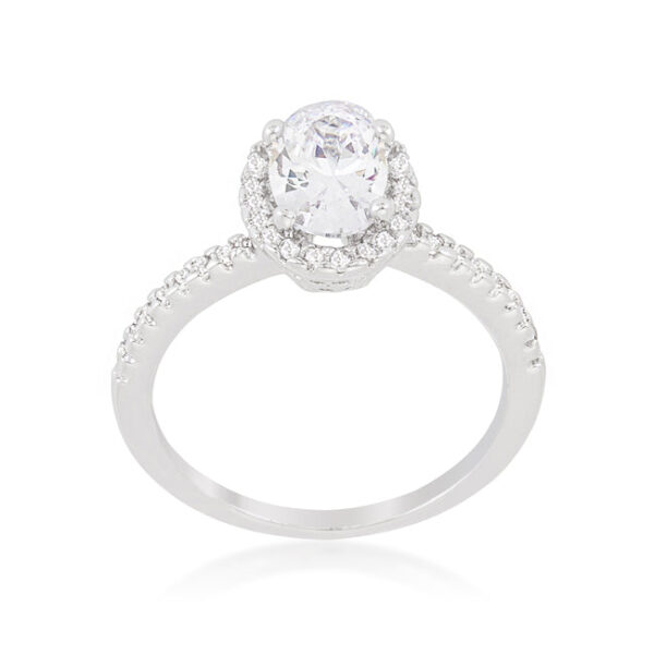 Purple oval-cut cubic zirconia 3-stone engagement ring in prong settings, rhodium plated over lead free alloy (brass).