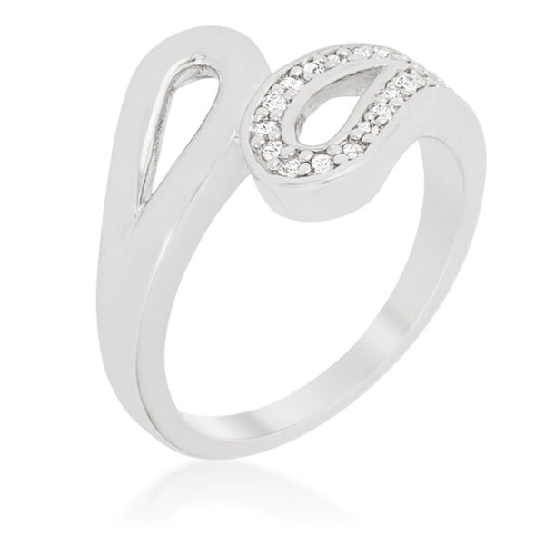 Split shank contemporary ring, rhodium plated over lead free alloy (brass), with round cubic zirconia