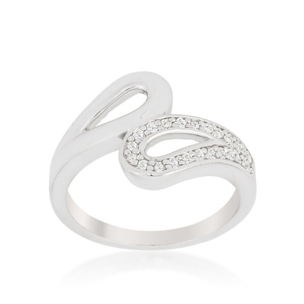 Contemporary split shank ring with round cubic zirconia in prong settings, rhodium plated over lead free alloy (brass)