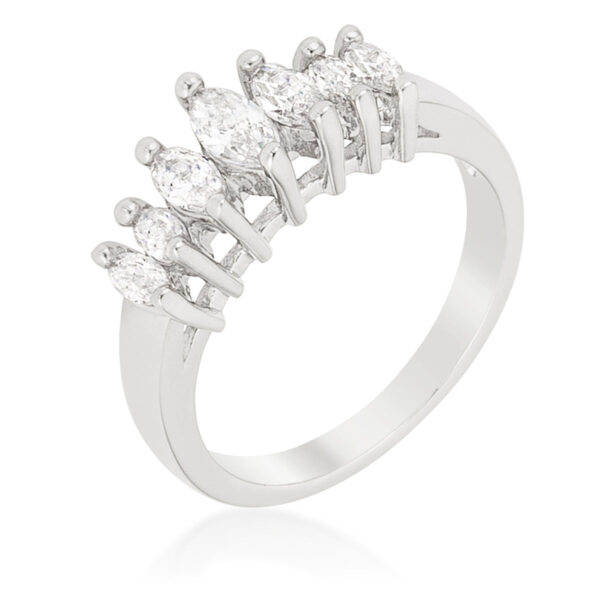 Graduated marquise anniversary band with cubic zirconia in prong settings, rhodium plated over lead free alloy (brass).