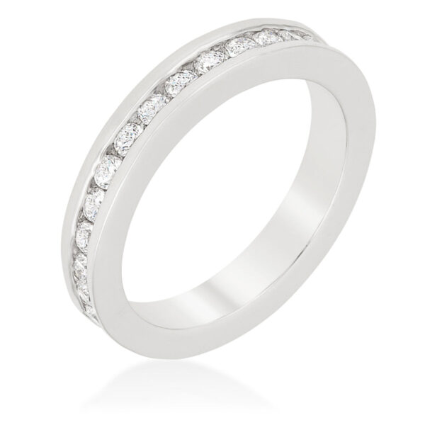 Rhodium plated over lead free alloy (brass) band with round cubic zirconia in a channel setting.