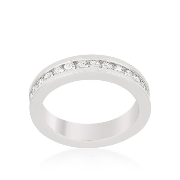 The band with round 2 (mm) cubic zirconia, 1.45 ct total stone weight, rhodium plated over lead free alloy (brass).