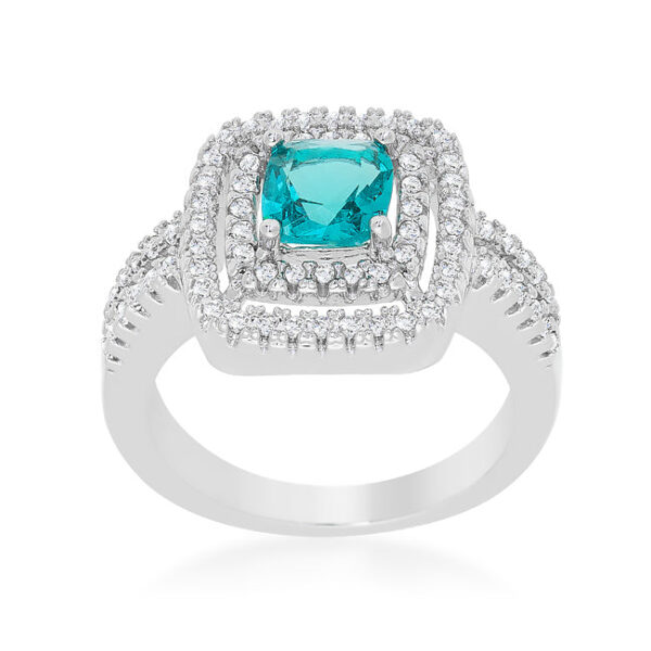 Aqua vintage ring in rhodium plated over lead free alloy (brass), with cushion cubic zirconia in pave settings.