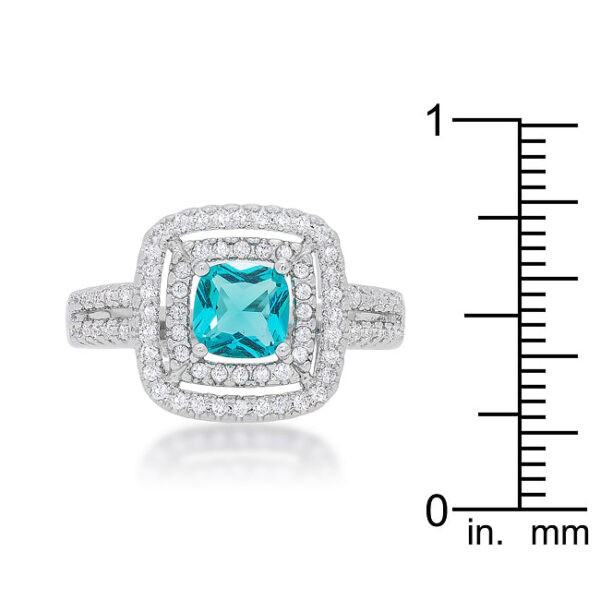 Cushion cubic zirconia pave ring in aqua, rhodium plated over lead free alloy (brass).