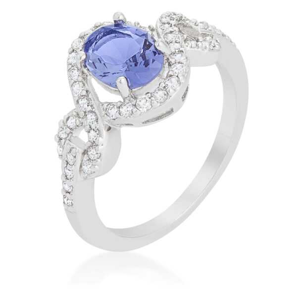 Tanzanite-colored cubic zirconia cocktail ring in rhodium plated over lead free alloy (brass), with a 1.75 Mm width.