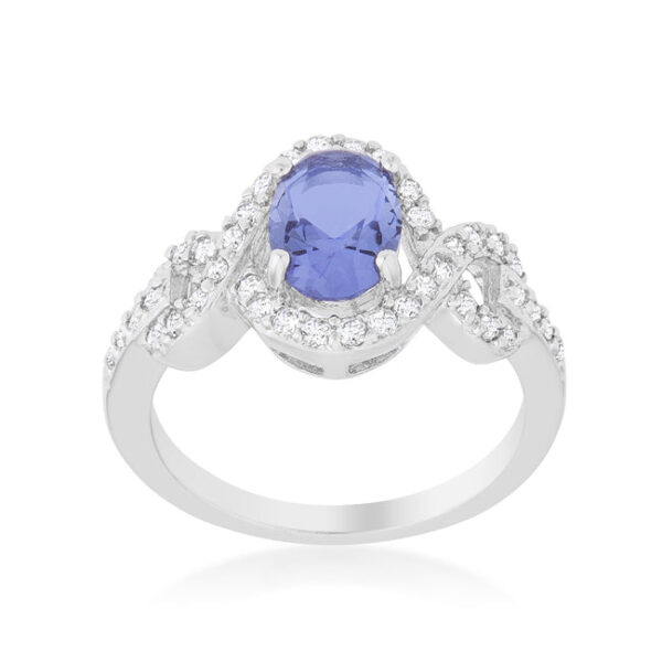 Tanzanite-colored cubic zirconia halo pave ring in rhodium plated over lead free alloy (brass), with oval-cut cubic zirconia in prong settings.