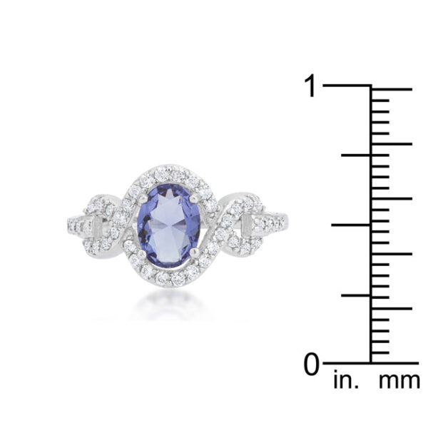 Purple tanzanite-colored cubic zirconia halo pave cocktail ring with oval-cut cubic zirconia in prong settings.