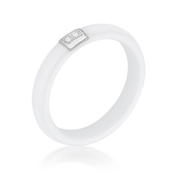 Contemporary white ceramic band ring, rhodium plated over .925 sterling silver, with round cubic zirconia.