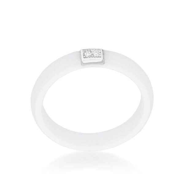 White ceramic band ring with round cubic zirconia in prong settings and rhodium plated over .925 sterling silver.