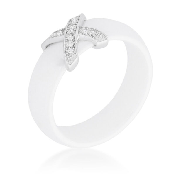 X ring with clear round cubic zirconia in prong settings, rhodium plated over .925 sterling silver.