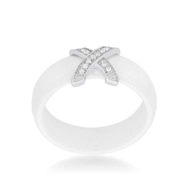 Classic cocktail X ring with clear round cubic zirconia in prong settings, rhodium plated over .925 sterling silver.