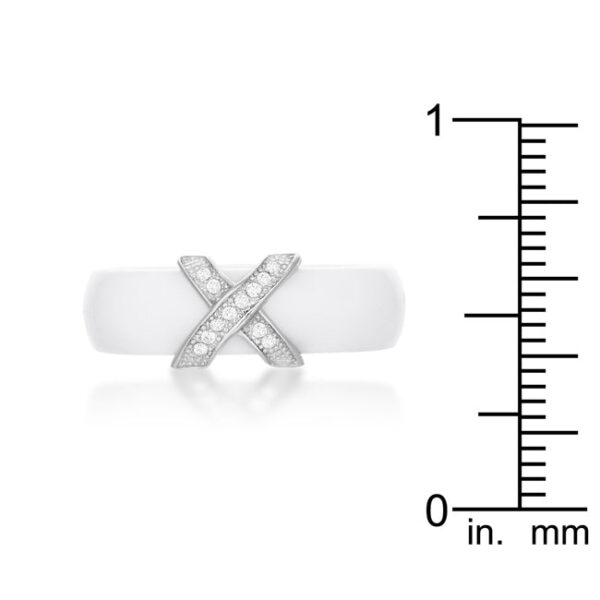 Clear round cubic zirconia X ring, rhodium plated over .925 sterling silver, with 0.16 ct total stone weight.