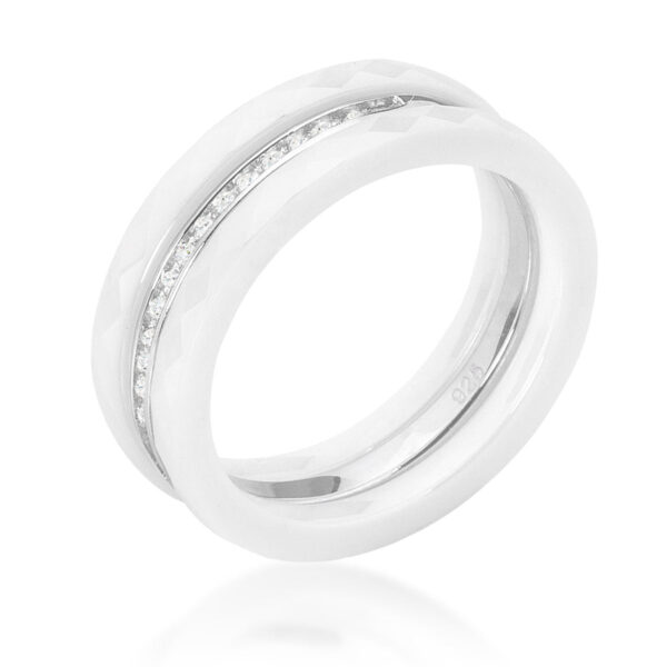 Triplet cubic zirconia ring with white ceramic and rhodium plated over .925 sterling silver.