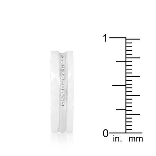 White ceramic ring with round cubic zirconia in prong settings and rhodium plated over .925 sterling silver.