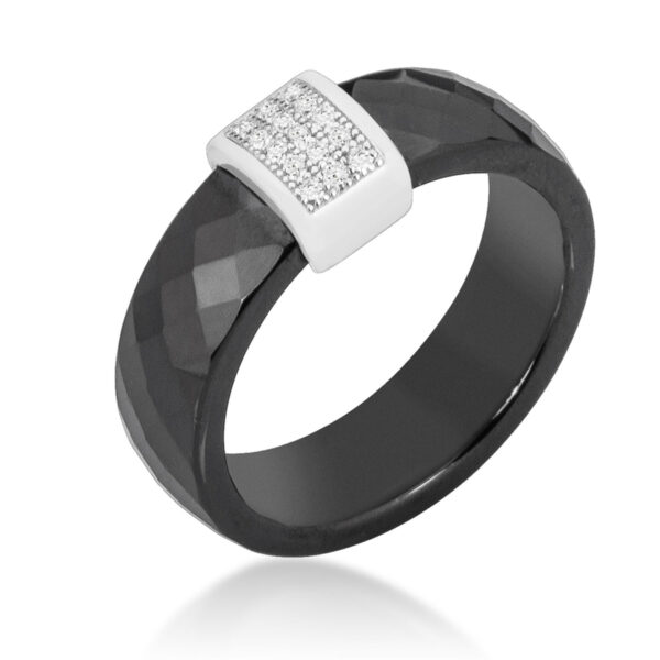 Rhodium plated over .925 sterling silver black ceramic ring with round cubic zirconia in prong settings.