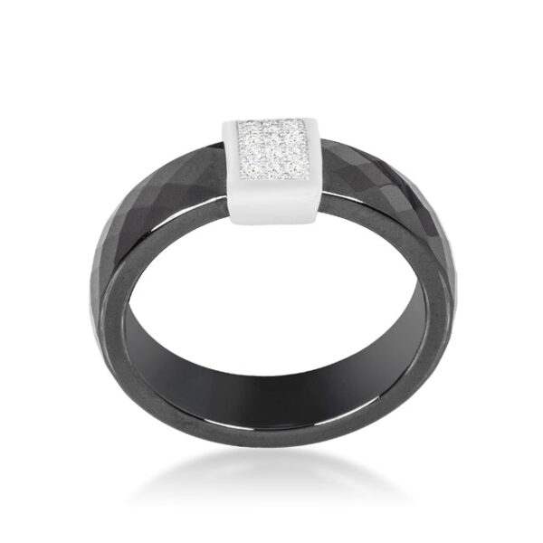 Black ceramic ring with round cubic zirconia in prong settings and rhodium plated over .925 sterling silver.