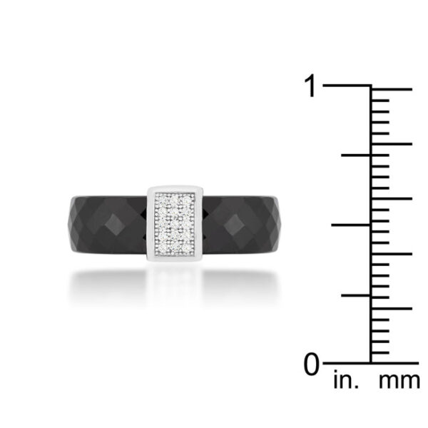 Round cubic zirconia in prong settings on a black ceramic ring with rhodium plated over .925 sterling silver.