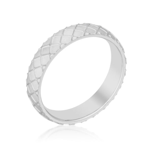 Textured band ring with cubic zirconia, rhodium plated over 34l stainless steel.