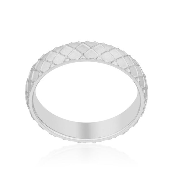 Classic and contemporary textured band ring, rhodium plated over 34l stainless steel, with cubic zirconia.
