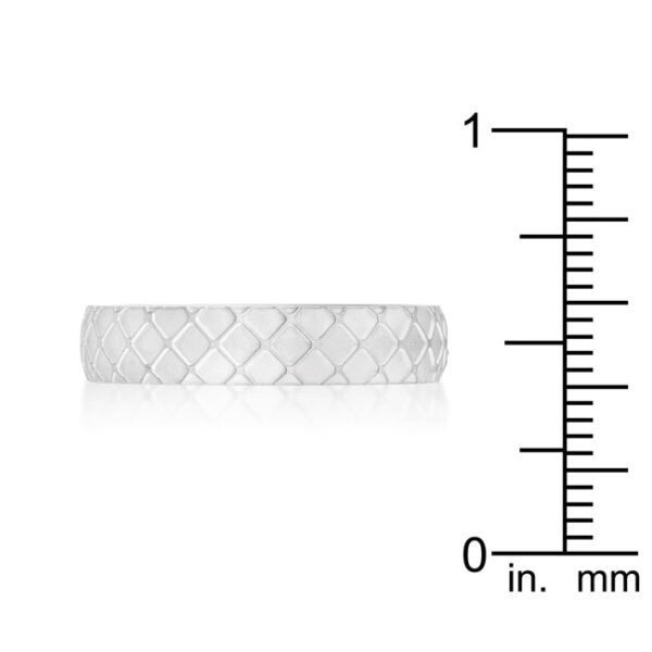 Cubic zirconia textured band ring with 0.02 ct total stone weight, rhodium plated over 34l stainless steel.