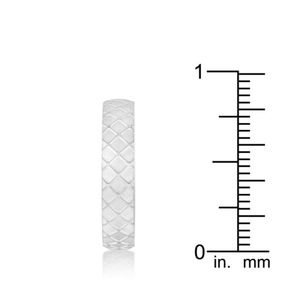 Cubic zirconia on a textured band with rhodium plating over 34l stainless steel.