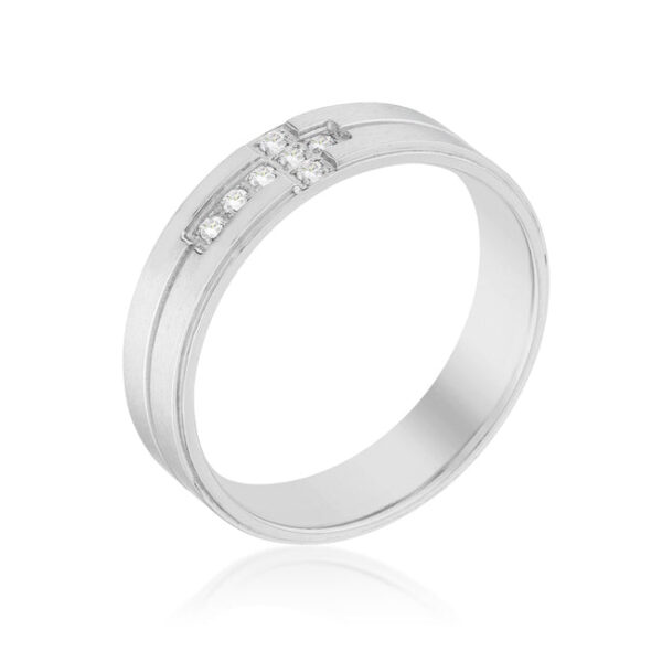 Cubic zirconia cross-design band ring in rhodium plated over 34l stainless steel.