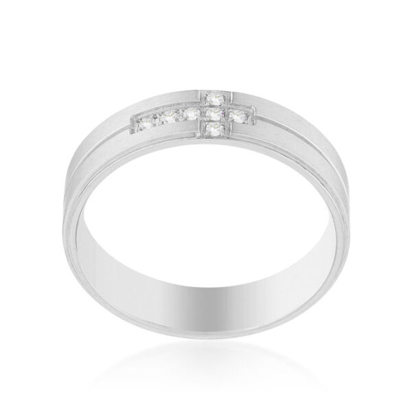 Cross-design cocktail band ring with cubic zirconia in rhodium plated over 34l stainless steel.
