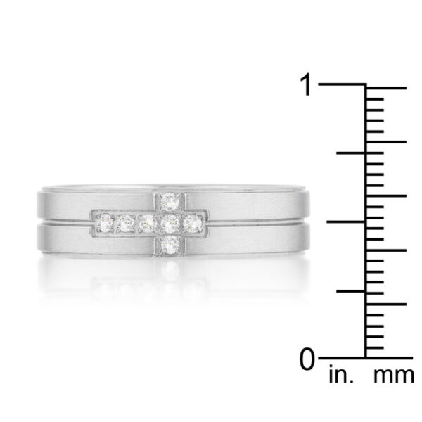 Rhodium plated over 34l stainless steel band ring with cubic zirconia and a cross motif.