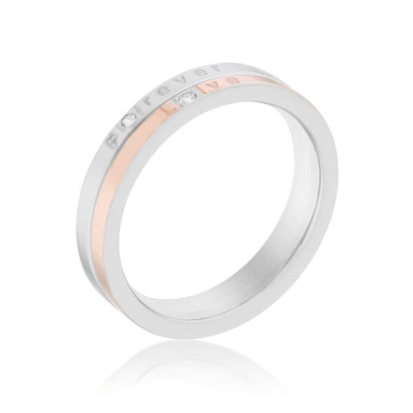 Ring with green cubic zirconia, 18K rose gold plated over 34l stainless steel.