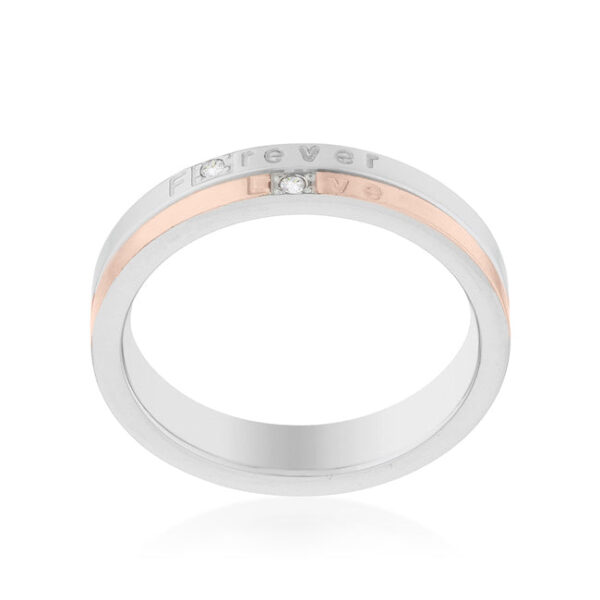 Green cubic zirconia cocktail and eternity band ring, 18K rose gold plated over 34l stainless steel.