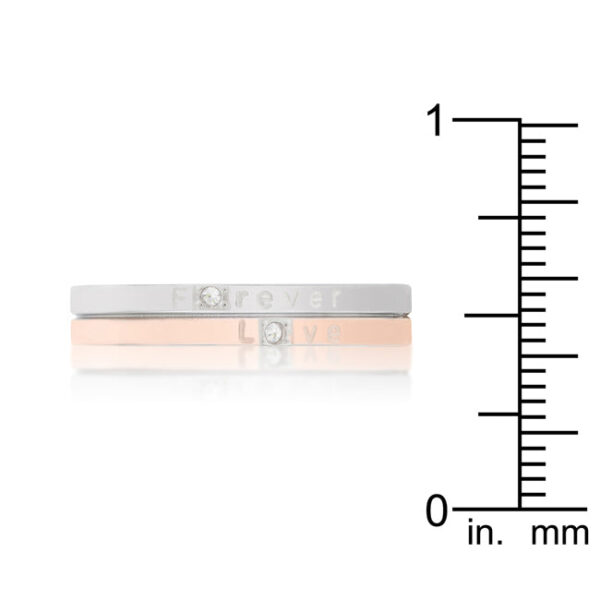 Two-tone inspiration band design with green cubic zirconia, 18K rose gold plated over 34l stainless steel.