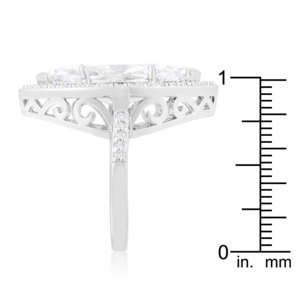 Rhodium plated over lead free alloy (brass) ring with round cubic zirconia.