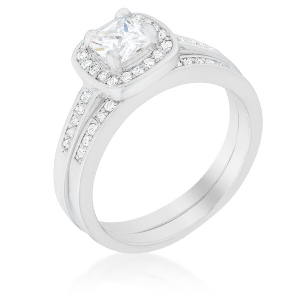 Clear cushion-cut cubic zirconia bridal ring set with 2 ct total stone weight and prong settings.