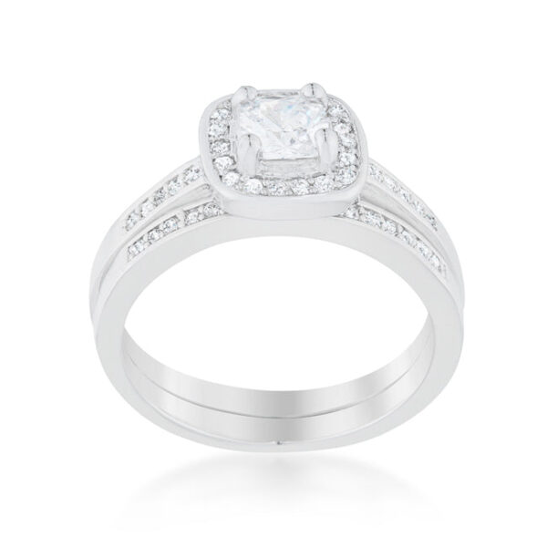 rhodium plated over lead free alloy (brass) ring set with clear cushion-cut cubic zirconia.