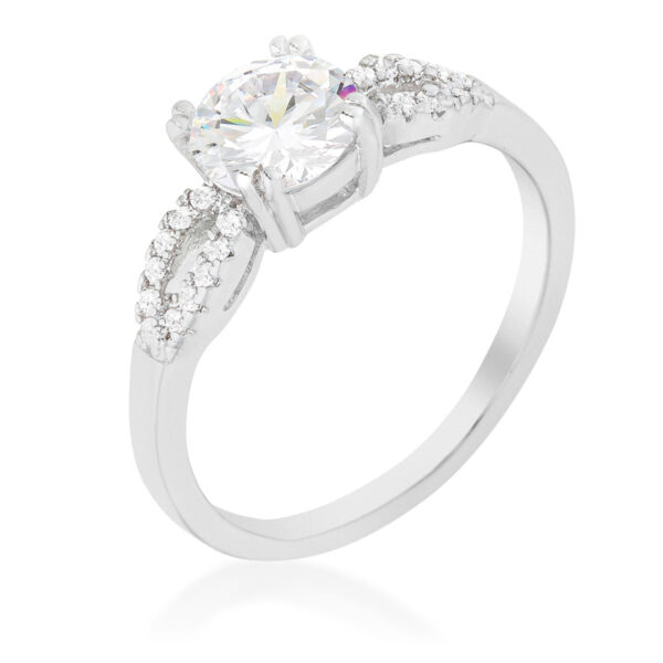 Round cubic zirconia solitaire ring in rhodium plated over lead free alloy (brass), with 1.5 ct total stone weight.