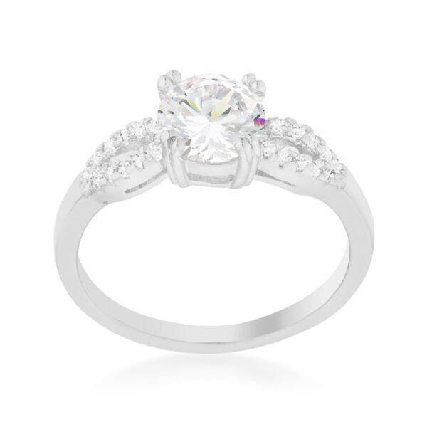 Prong-set 6 Mm round cubic zirconia solitaire ring in rhodium plated over lead free alloy (brass).