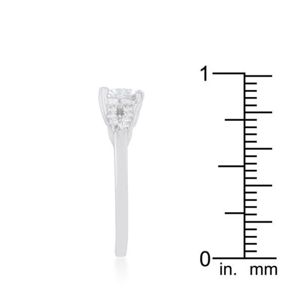 Round cubic zirconia ring in rhodium plated over lead free alloy (brass), with 1.5 ct total stone weight.