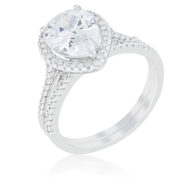 The ring with Pear cut cubic zirconia in a prong setting and 3 ct total stone weight.